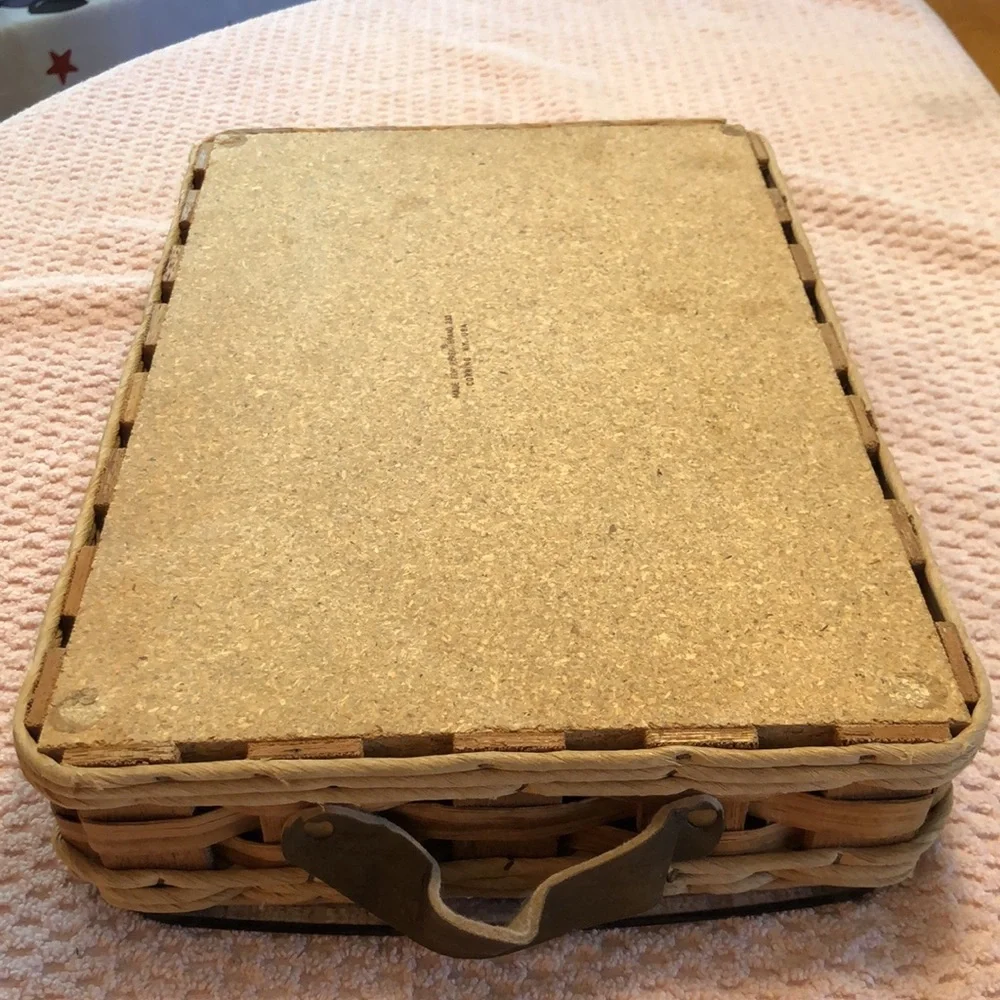 Vintage Pyrex Corning Glass 233 Leather Handle Rectangular Wicker Weave Basket